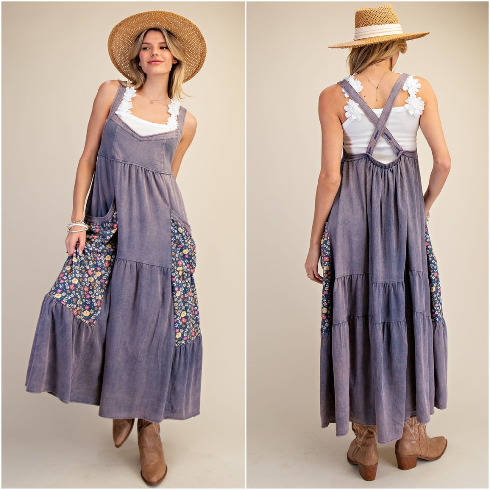 Easel Washed Denim Floral Print Pockets Criss Cross Dress